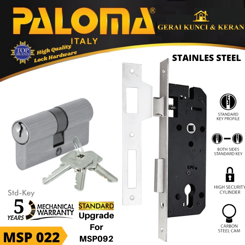 BODY KUNCI PALOMA MSP 092 PINTU SWING LOCKCASE MORTISE Stainless Steel 40MM + CYLINDER KUNCI