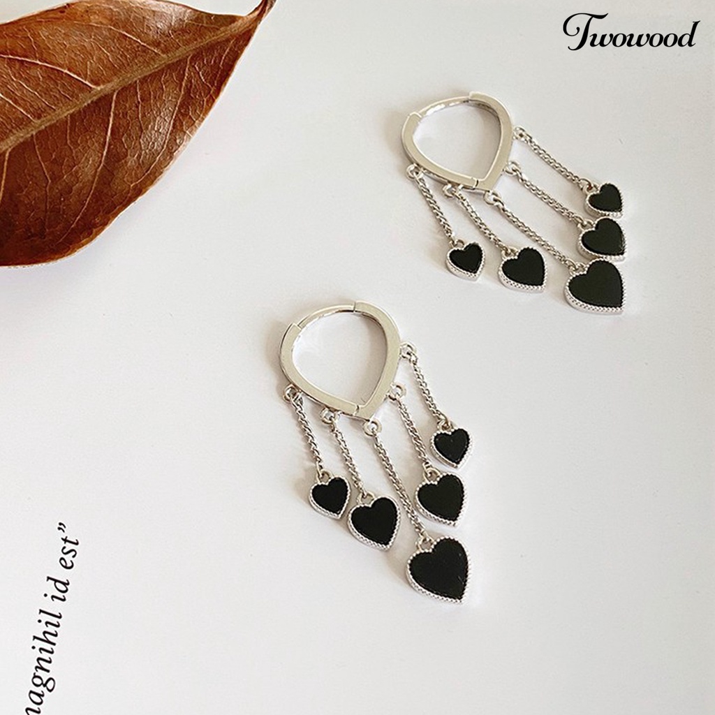 Twowood 1pasang Anting Menjuntai Gaya Korea Elegan Temperamen Paduan Hati Hitam Wanita Drop Earrings Fashion Jewelry