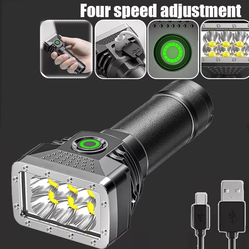 6leds Senter USB Rechargeable Mini Torch Kecerahan Tinggi Power Display Tahan Air Flashlamp Pencahayaan Luar Ruangan Camping Alat Darurat