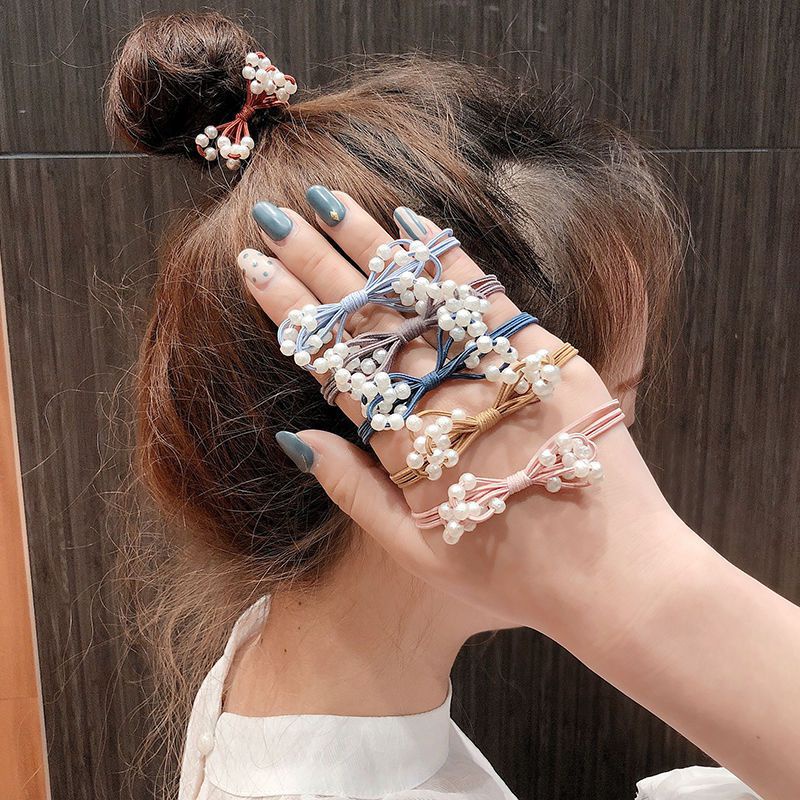 Ikat Rambut Bahan Karet Warna Solid Aksen Mutiara Gaya Korea Untuk Anak Perempuan