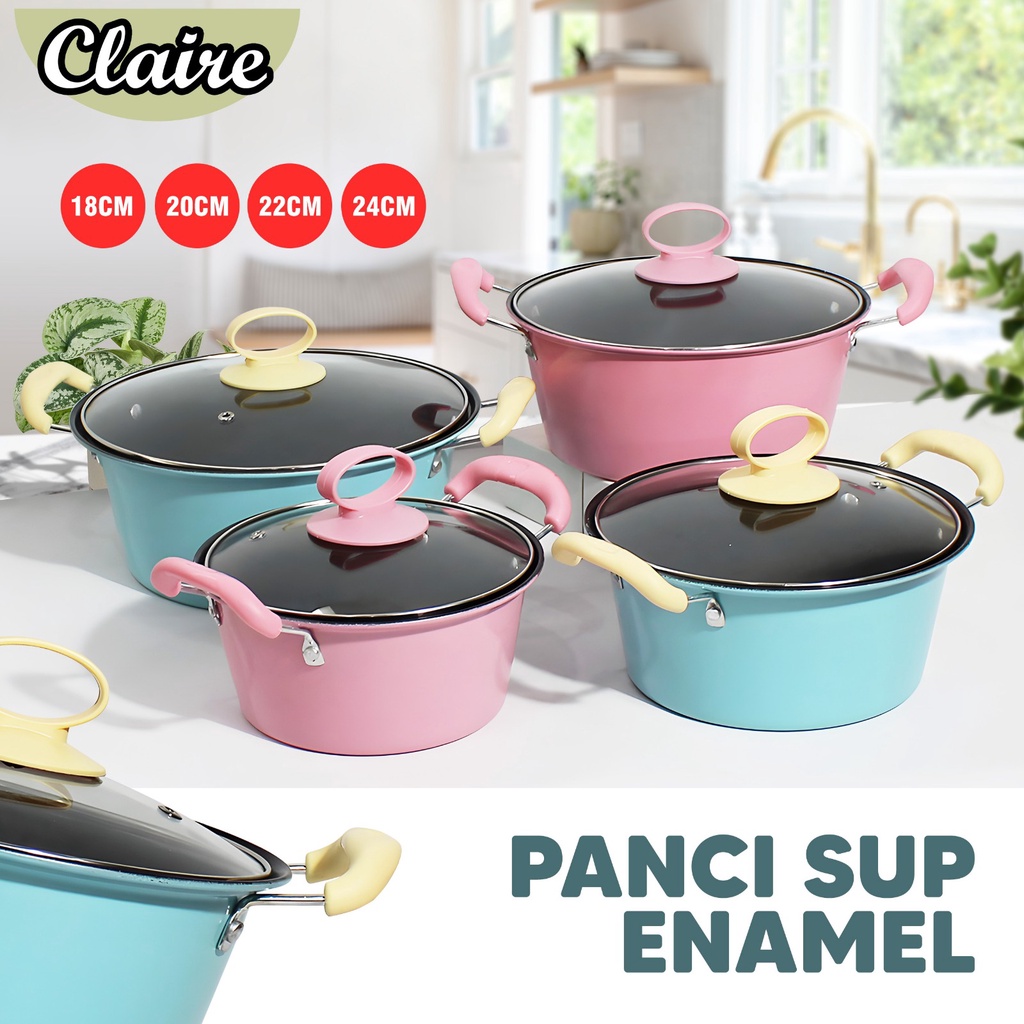 Panci Sup Enamel Tutup Kaca / Soup Pot Panci Susu Enamel