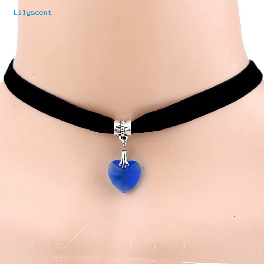 [LS] Wanita Gothic Hati Berlian Imitasi Liontin Beludru Choker Pendek Kalung Perhiasan Hadiah