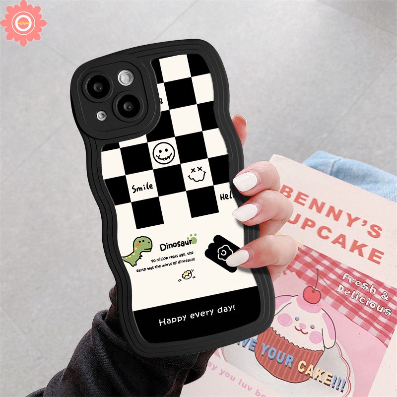 Casing Papan Catur Fashion Realme C53 C15 C25 C11 C30 9 9Pro+9i C25s 8i 5 6i 8 8Pro C33 C21Y C12 10 C25Y C17 C20 C3 7i 5i 7senyum Lucu Kartun Dinosaurus Lembut TPU Wavy Edge Case