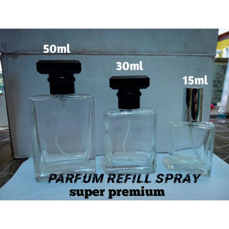 Parfum Refill spray super premium botol kotak ukuran 15ml 30ml 50ml (bebas request)