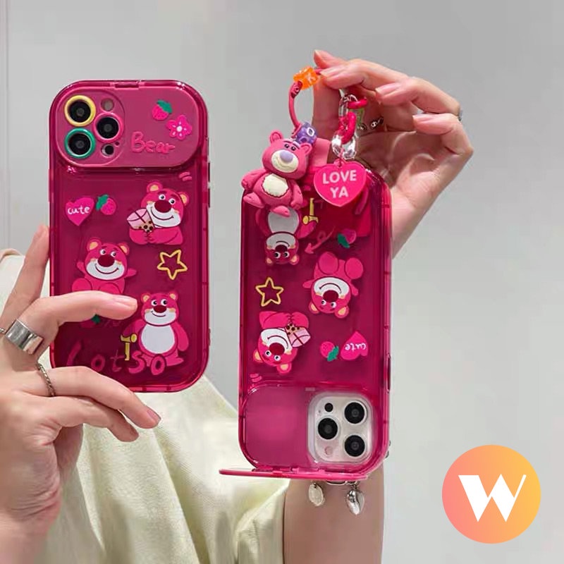 Flip Make Up Cermin Lembut Rose Red Case Kompatibel Untuk IPhone 7Plus 11 13 12 14 Pro Max XR 8Plus X XS Max SE 2020 Kartun Lucu Strawberry Bear Manyo Back Full Cover