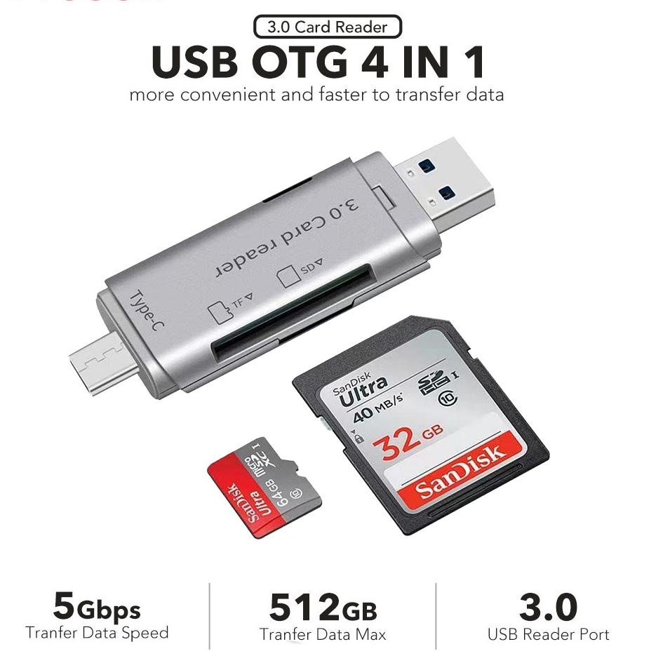 ♢ 4 in 1 Card Reader USB 3.0 Type C / SD Kartu / TF Memory Card Read OTG Adapter ✽