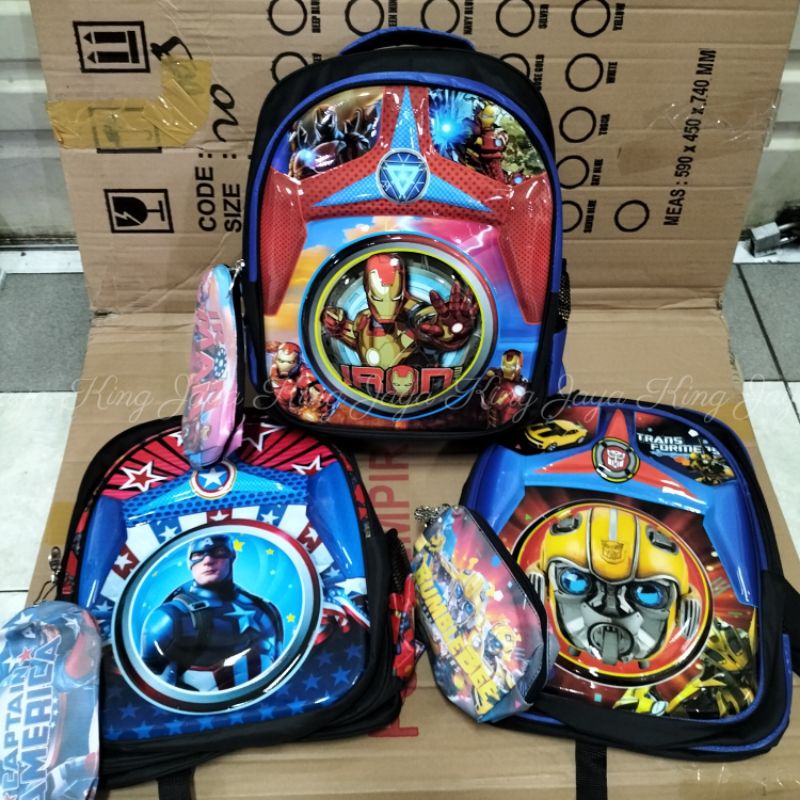 Ransel TK Murah Gasing Kids 14 Inc Emboss Batok Karakter Tas Sekolah Anak Laki-Laki Ironman Captain America Bumblebee