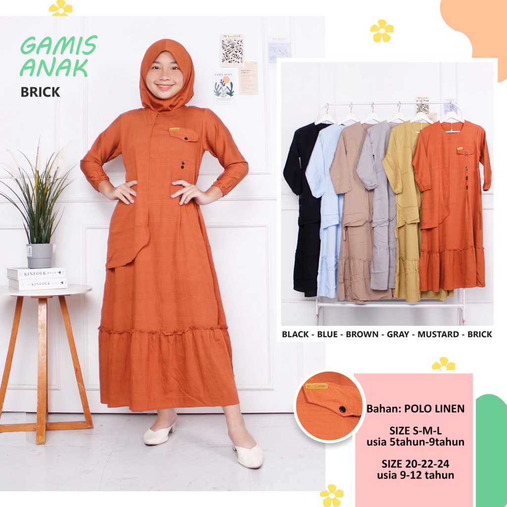 CIAHAW-Gamis Anak Perempuan syari Cringkel Polo Linen-Kancing Usia 6-12 Tahun