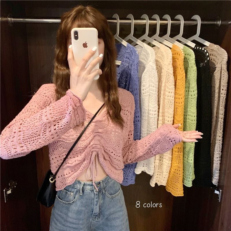 Red Xiaoxiangxiang Hollow V-Leher Lengan Panjang Rajutan Sweater Wanita 2021 Baru Musim Semi dan Musim Gugur Bagian Tipis Longgar Serut Sun Protection Top