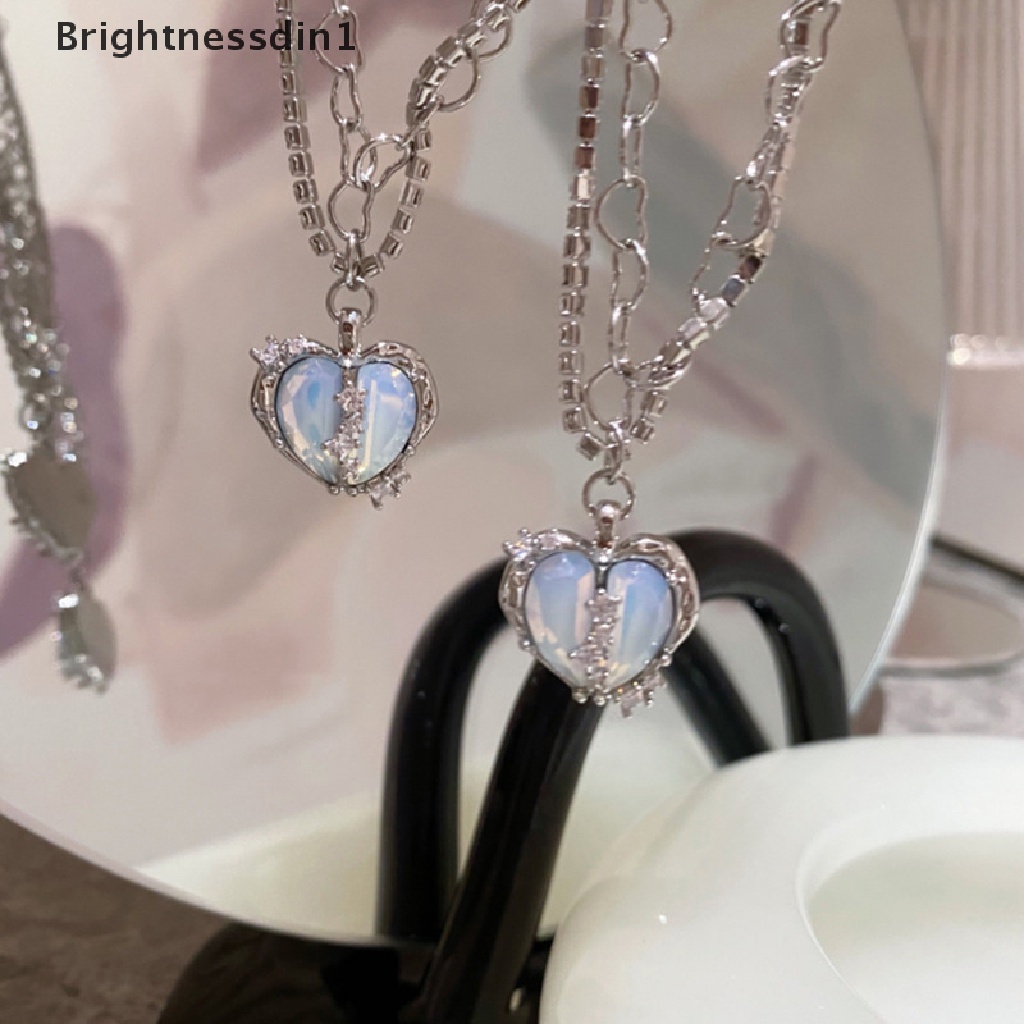 [Brightnessdin1] Korea Fashion Split Heart Pendant Kalung Opal Logam Warna Perak Mutiara Multi-Lapis Untuk Wanita Trendi Elegan Perhiasan Hadiah Butik