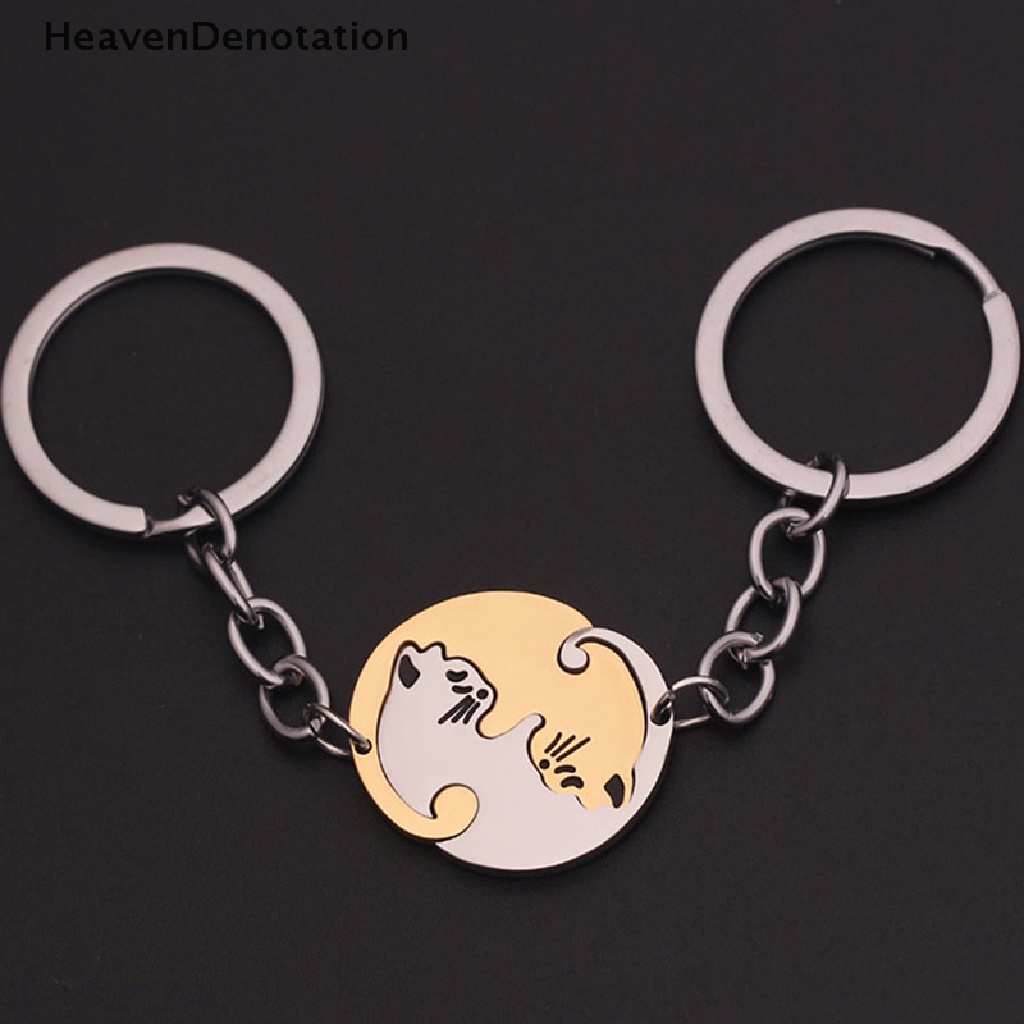 [HeavenDenotation] 1pasang Lucu Kucing Hitam Gantungan Kunci Patchwork Hati Bulat Pasangan Pecinta Keyring Stainless Steel Ransel Kunci Mobil Gantungan Perhiasan HDV