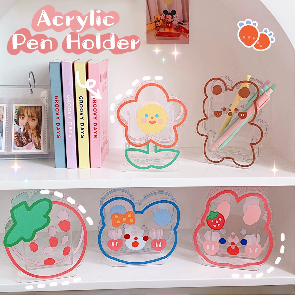 Lucu Transparan Arcylic Tempat Pulpen Kawaii Strawberry Kelinci Beruang Bunga Ins Gaya Makeup Brush Strorage Bucket Desktop Organizer