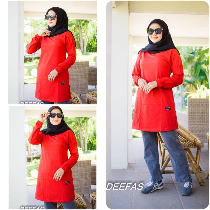 TUNIK POLOS 04&gt; JUMBO BAJU WANITA FASHION TANGAN PANJANG DI KERUT PAKAI KARET JAHITAN BELAH PINGGIR HIJAB STYLE TERLARIS