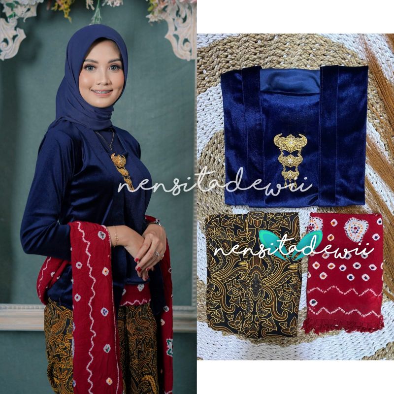 [1 Set] Kebaya, Jarik Instan + Selendang Jumputan / DN01, Model Ajeng ~ Nuansa Navy