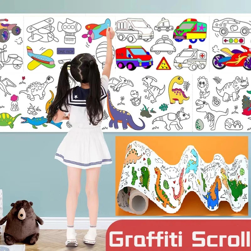 3m Roll Gambar Anak-Anak Tidak Berulang Kertas Lukisan Kartun Anak Tk Graffiti Scroll Color Filling Sticker Wall Paper