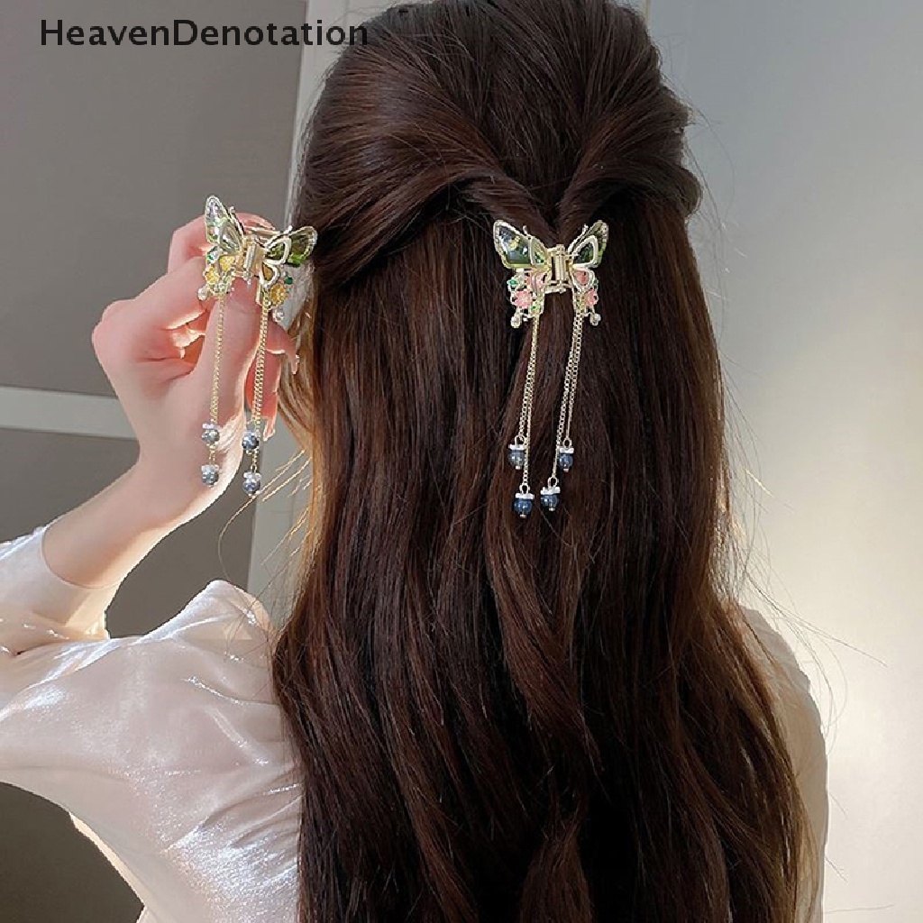 [HeavenDenotation] Baru Mutiara Bunga Kupu-Kupu Rumbai Jepit Rambut Vintage Panjang Liontin Rambut Klip Hiu Hiasan Kepala Cakar Klip Fashion Gadis Aksesoris Rambut HDV