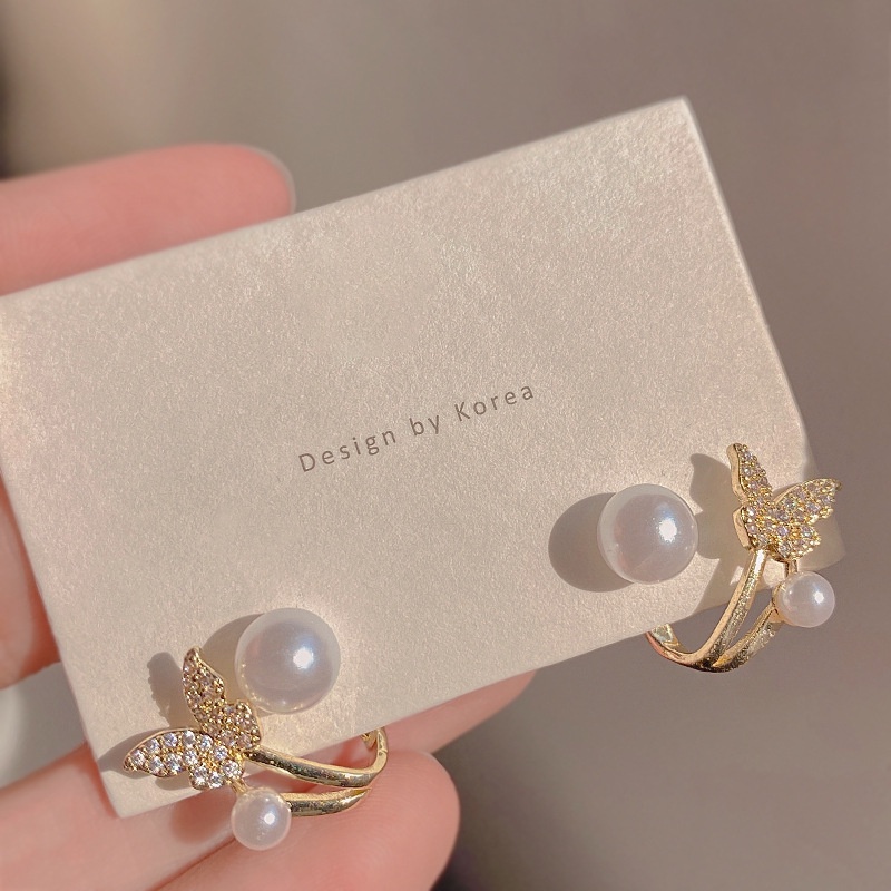 1pasang Korea Zirkon Indah Kupu-Kupu Telinga Studs/Wanita Ganda Simulasi Mutiara Anting Perhiasan Aksesoris