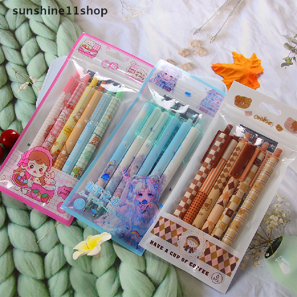 Sho 6Pcs Kawaii Gel Pen Set Kartun Tekan Bolpoin Lucu 0.5mm Hitam Tinta Pulpen Untuk Siswa Alat Tulis Kantor Perlengkapan Sekolah N