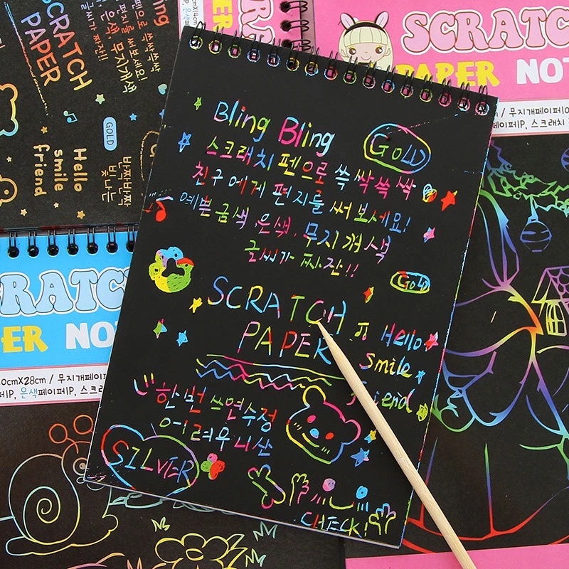 10lembar Buku Gambar Ajaib DIY Scratch Notebook Karton Hitam Anak Belajar Edukasi Mainan Seni Lukisan Doodle