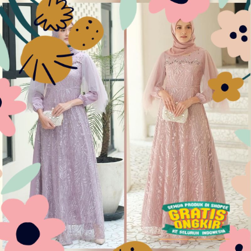 Produk Terbaru || ADA JUMBO | BATIK OFFICIAL / Gamis Muslim Aretha / Maxi Brukat Selma Tulle Premium