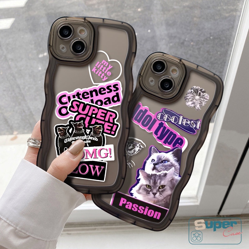 Soft Case Tepi Bergelombang Untuk OPPO A17 A57 A17K A3s A12 A16K A95 A96 A15 A54 A74 A78 A16 A16s A55 A96 A5 A9 A52 A5s A7 Reno 8T 7 6 8Z A77 A77s A1k A53 Stiker Trendy Case Kucing Label