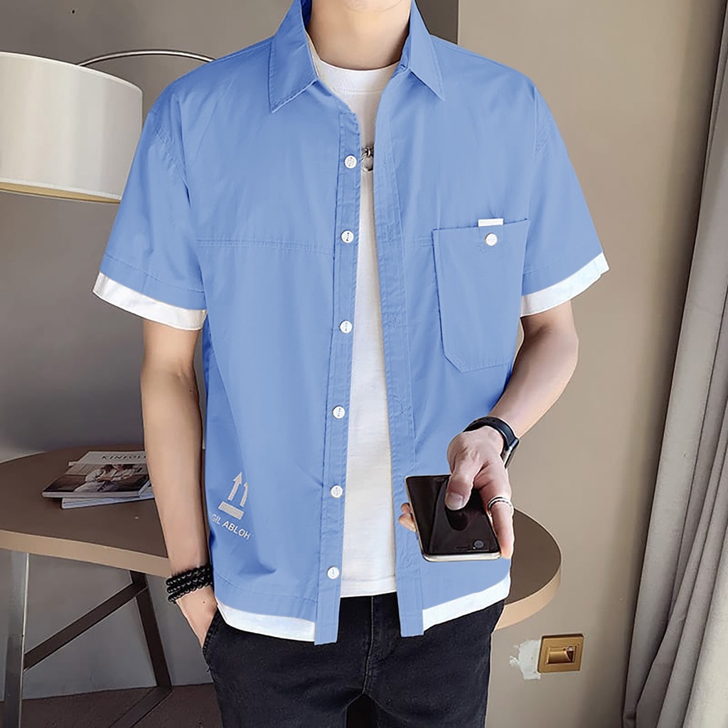 COD/KY/ Kemeja Lengan Pendek  Pria Model Klasik Motif Sablon ada kantong depan