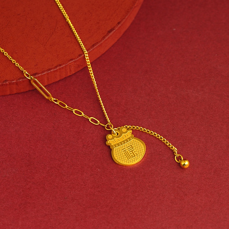Goldkingdom Perhiasan Fashion Emas Asli Kadar 375Bangkok Aksesoris Ready Stock Fu Lu Rumbai Sepuhan Liontin Fu Tas Kunci Emas Kalung Untuk Wanita