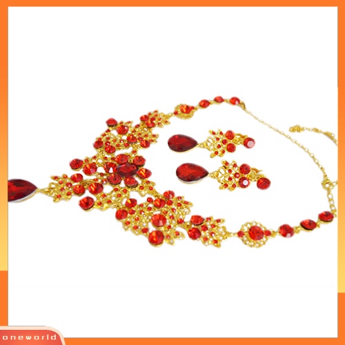 Set Anting Kalung Pengantin Pesta Pernikahan Liontin Alloy Warna Merah Emas