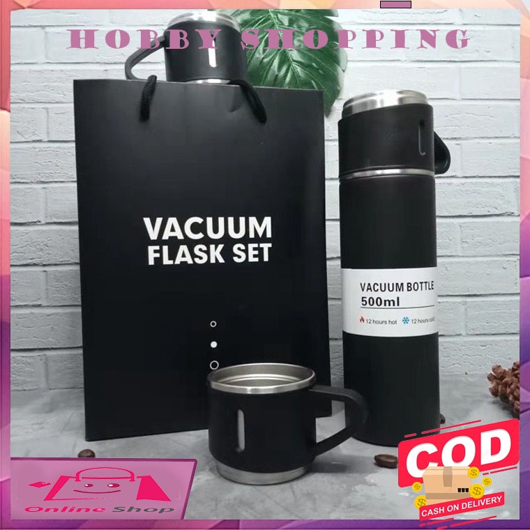 TERMOS VACUM FLASK 500ml//TUMBLER BOTOL MINUM SET - HITAM