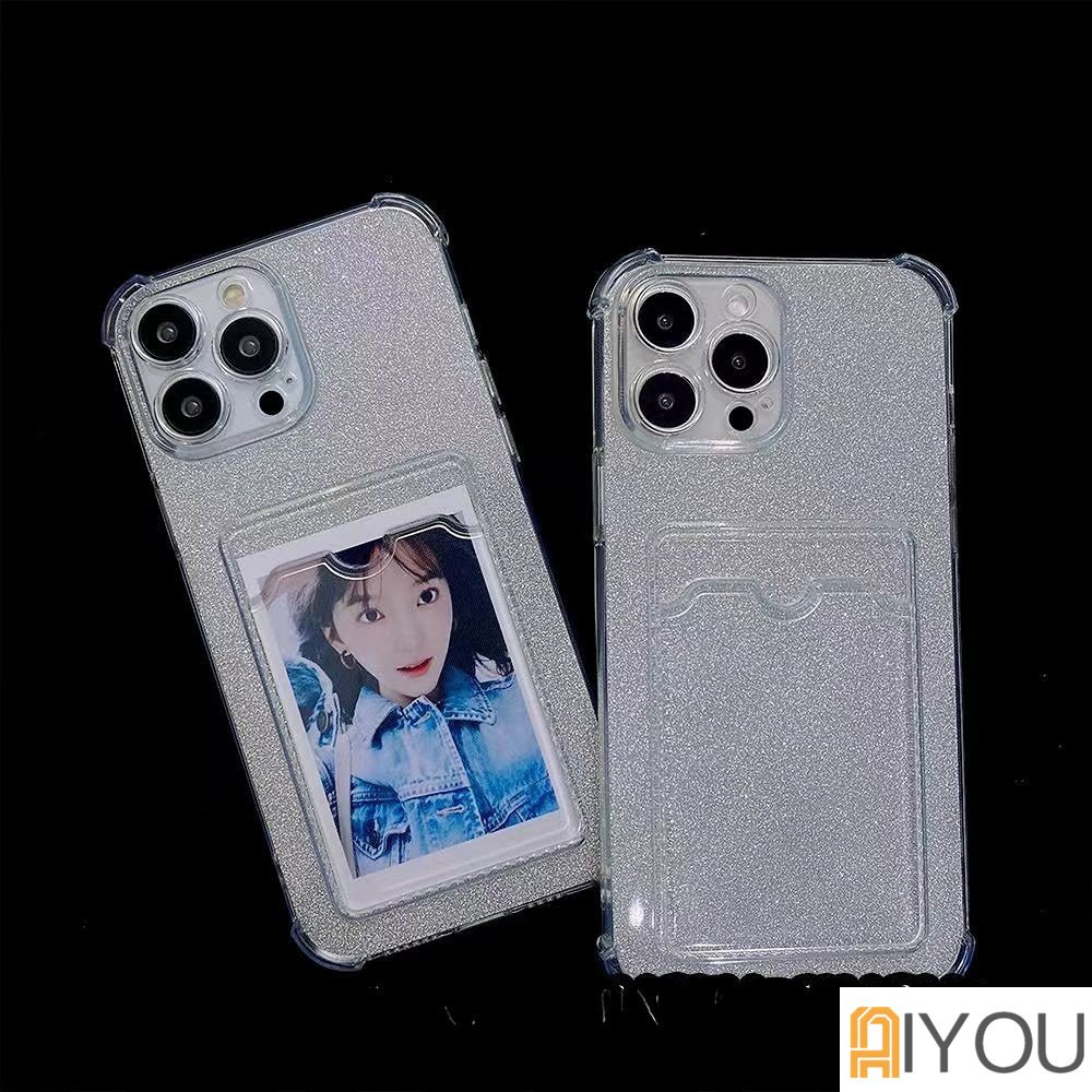 IPHONE Soft Case Bening Glitter Untuk Iphone14 13 12 Pro Max11 MiNi X XR XS 7 8 Plus SE 2 Dompet Silikon Slot Kartu Holder Shockproof Cover