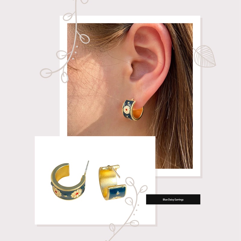 Aesthetic Daisy Hoop Earrings Wanita Enamel Hitam Warna Emas Anting Bunga Aksesoris Gadis Yang Indah Pernyataan Perhiasan