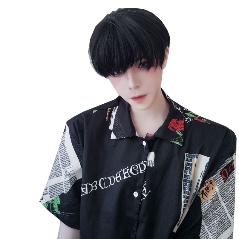 Wig pria, rambut pendek, realistis anak laki-laki, rambut lurus, siswa kasual berbulu, hitam