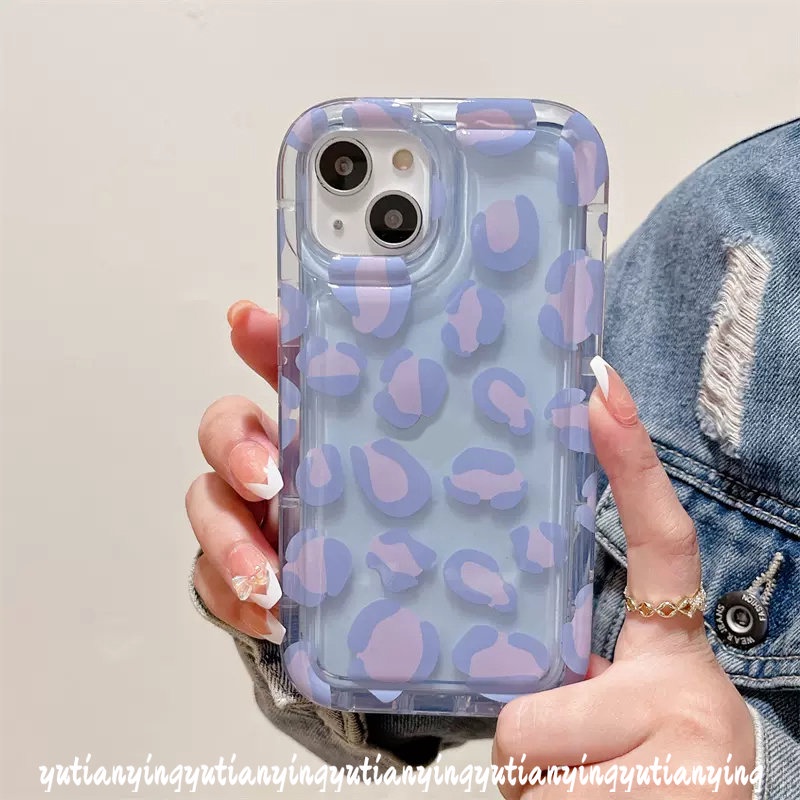 IPHONE Casing Ponsel Kompatibel Untuk Iphone11 14 13 12 Pro MAX XR 7plus 8plus 6 6S 7 8 Plus X XS MAX Ins Fashion Ungu Leopard Print Airbag Shockproof Transparan Lembut TPU Cover