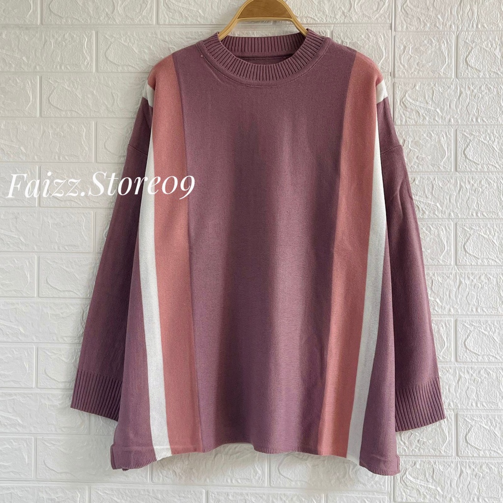 LENORA ATASAN SWEATER OVERSIZE STIRPE MOTIF KANCING SAMPING TERBELAH