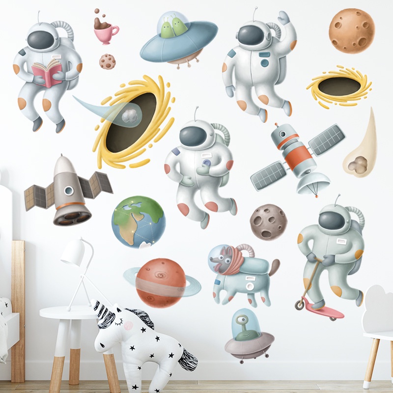 Stiker Dinding Roket Luar Angkasa Untuk Anak Dekorasi Dinding Kamar Anak Kartun Astronot Dapat Dilepas PVC Decals