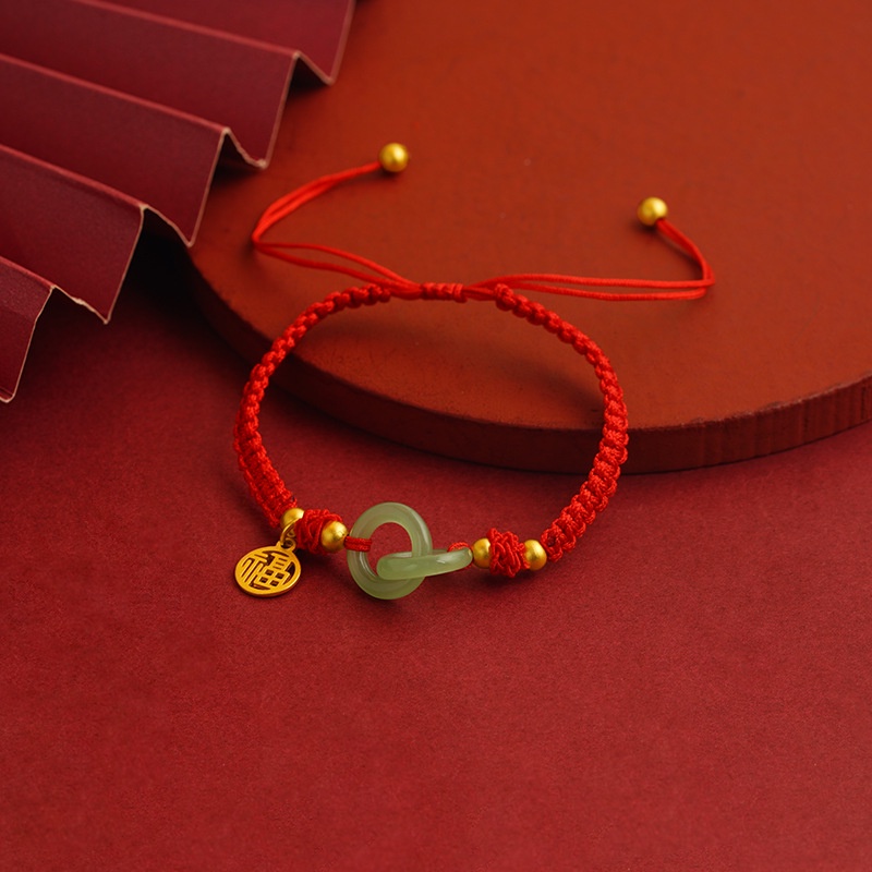 Goldkingdom Perhiasan Fashion Emas Asli Kadar 375Bangkok Aksesoris Ready Stock Gelang Interlocking Permata Vintage Gilt Wanita Model Adjustable Tali Merah