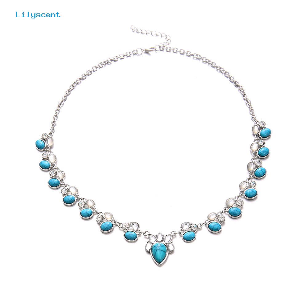 [LS] Wanita Fashion Faux Opal Turquoise Pendant Rantai Choker Kalung Pesta Perhiasan