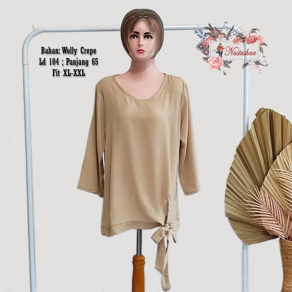 Blouse Wanita Polos Cream Pita Tali Bawah Kerah Bulat Wanita Fashion Korea Bahan Wollycrepe Jumbo Lengan 7/8 Fit XL to XXL