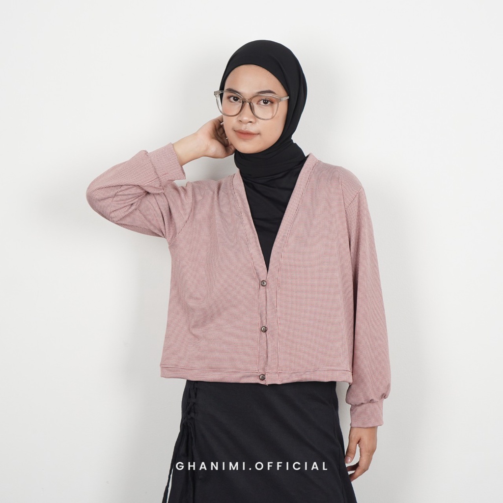 Ghanimi - Haura Cardigan / Outer Knit Motif / Outer rib crop / outer motif gingham kancing shanghai / outer casual formal / cardigan rajut tebal motif kotak kotak