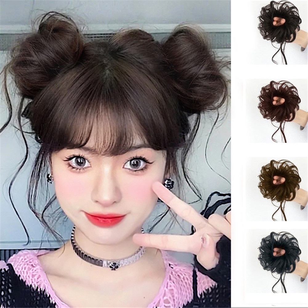 1pasang Y2K Rumbai Fluffy Round Bun Wig Untuk Gadis Manis Muda Wanita Kepala Bola Ganda Aksesoris Rambut