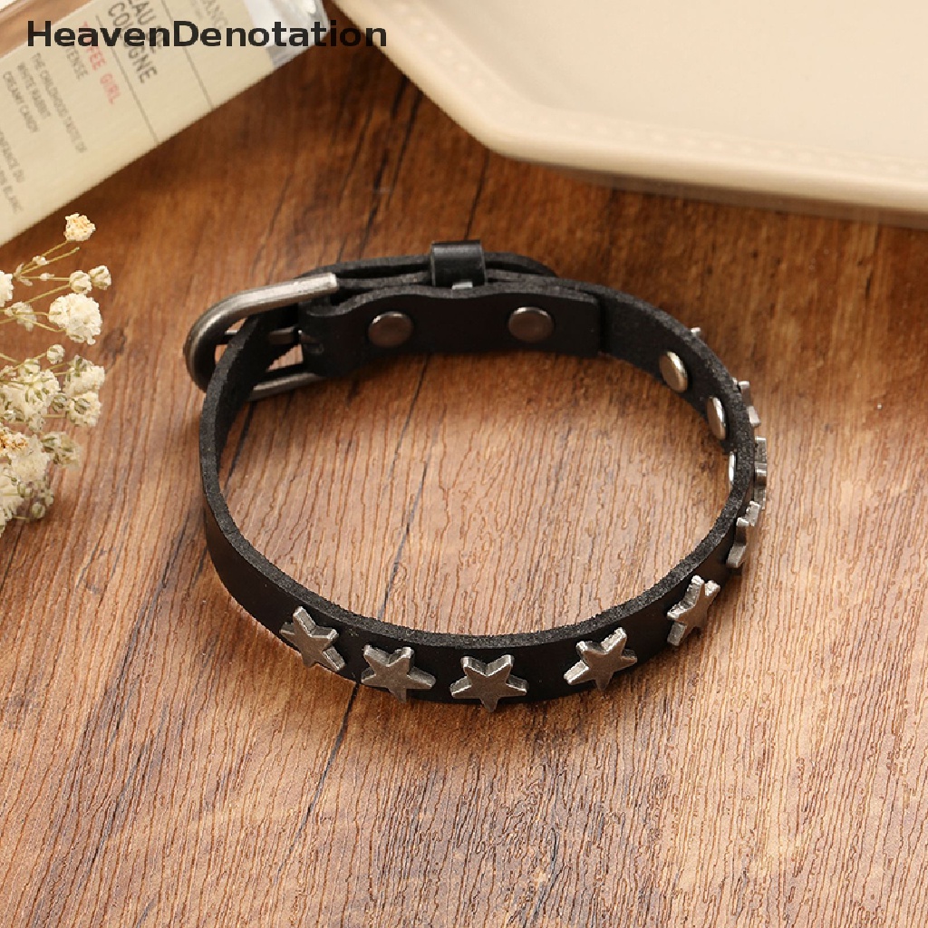 [HeavenDenotation] Punk Vintage Sabuk Gesper Gelang Bungkus Bintang Paku Rivet Kulit Gelang Cuff Bracelet HDV