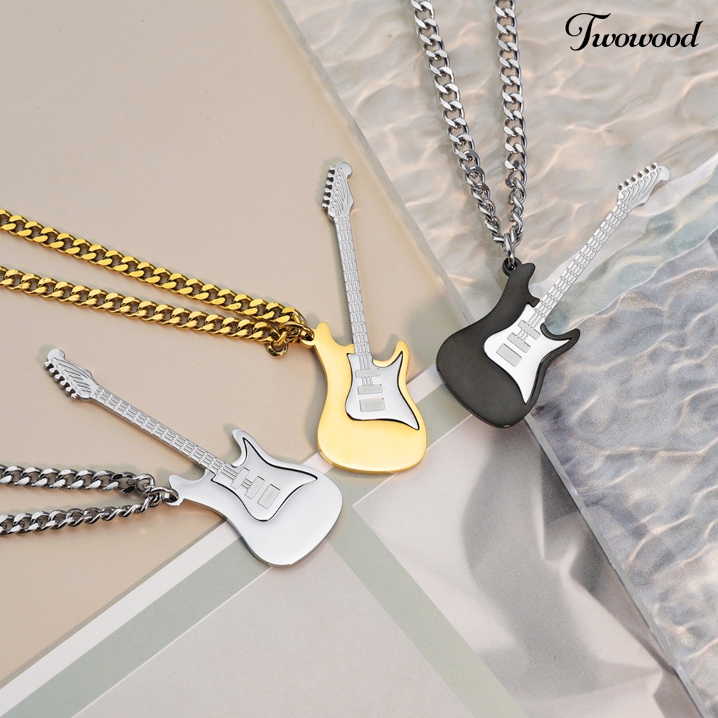 Twowood Pria Kalung Punk Keren Hip Hop Kepribadian Stainless Steel Bass Gitar Liontin Klavikula Kalung Fashion Perhiasan