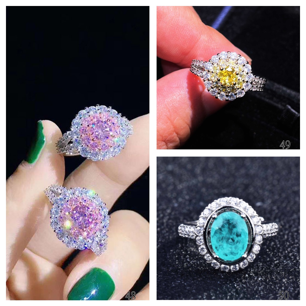 Goldkingdom Aksesoris Perhiasan Fashion Ready Stock Versi Korea Berlubang Daun Perak Merah Pink Kristal Mosan Cincin Adjustable Lamaran Pernikahan Pertunangan Berlian Ornamen