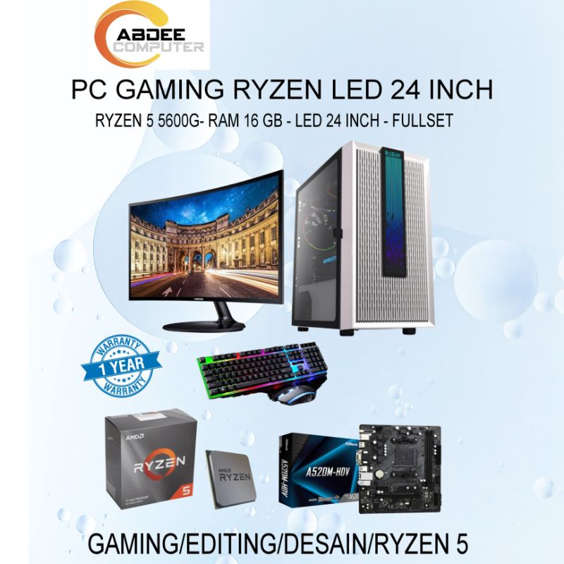 PC GAMING Fullset AMD Ryzen 5 5600G Ram 16 GB SSD 128 GB Led 24&quot; Samsung Lengkap