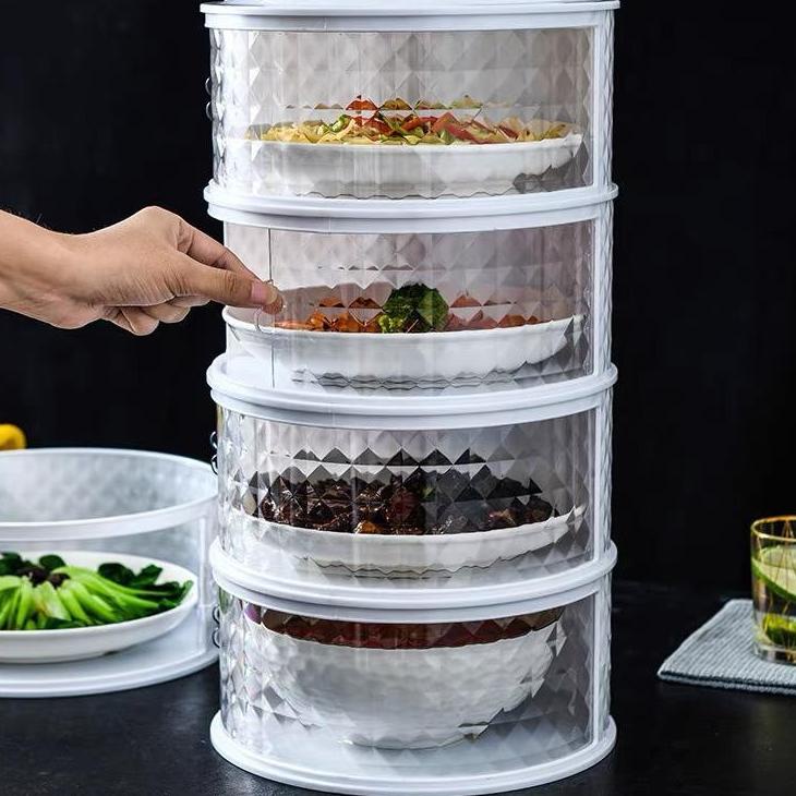 Model Terbatas Tudung saji 4 susun Rak makanan kaca motif 4 tingkat 4 layer