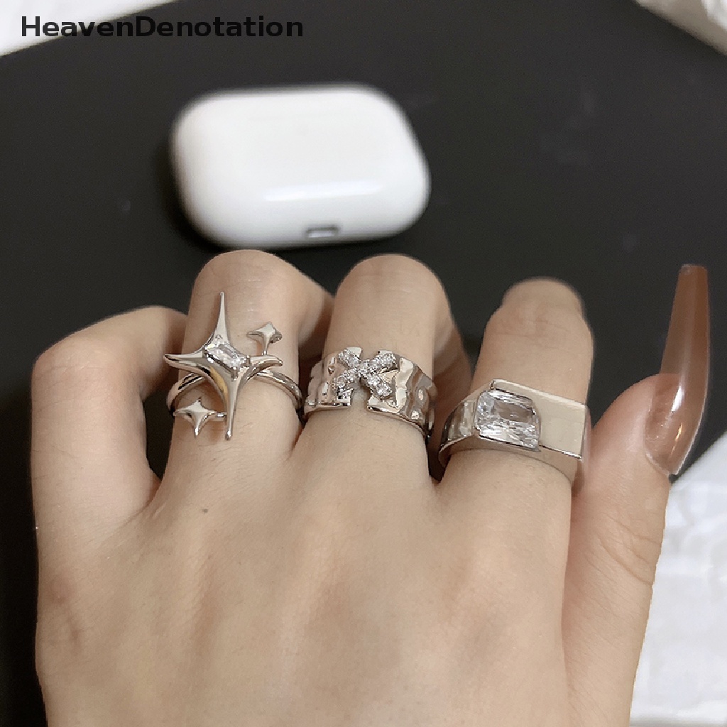 [HeavenDenotation] Fashion Y2k Aksesoris Shiny Star Cross Kristal Tidak Teratur Cincin Wanita Pasangan Pertunangan Rings Pesta Kreatif Perhiasan Hadiah HDV