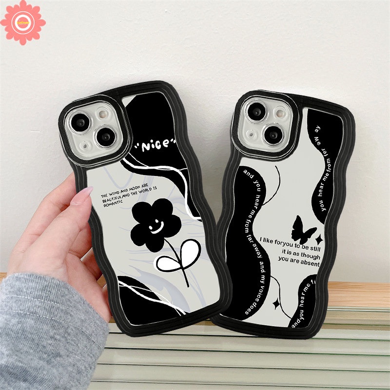 Case Untuk Samsung A04s A14 A13 A50 A12 A20 A50s A02s A03s A31 A04 A23 A32 A04E A22 A30s A21s A52 A51 A33 A1 A52s A53 M22 Hitam Retro Vintage Bunga Kupu-Kupu Lembut Bergelombang Penutup Tepi