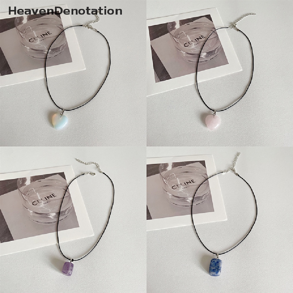 [HeavenDenotation] Kalung Liontin Batu Vintage Sederhana Bergaya Square Peach Heart Necklace Tali Hitam Rantai Klavikula Untuk Wanita Pria Perhiasan HDV