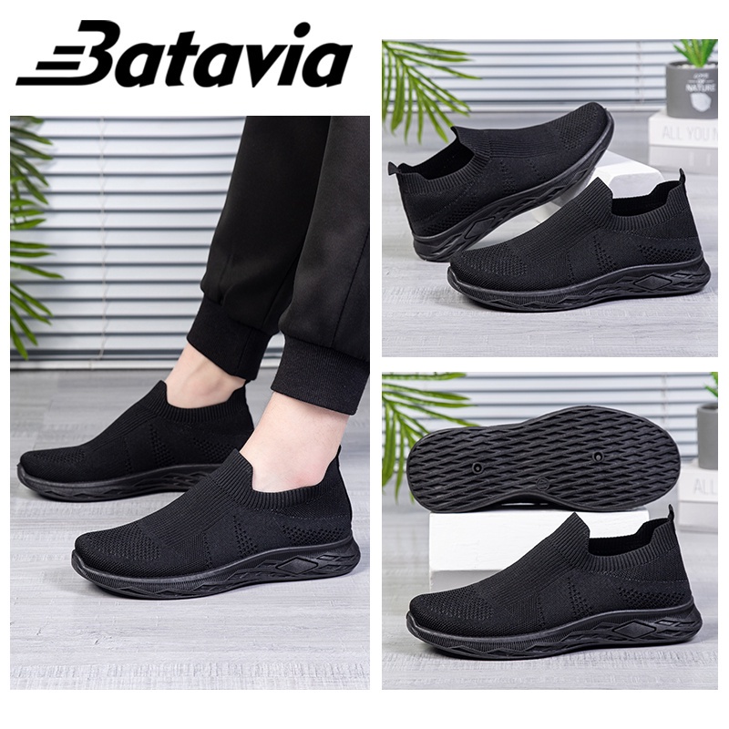 （COD）Batavia 2023 Sepatu Pria Ringan Hitam Slip-On Pria Sepatu Senior Sepatu Kasual Sepatu Kets Flyknit Bernapas Sol Lembut Sepatu men  Sneakers B33 B34