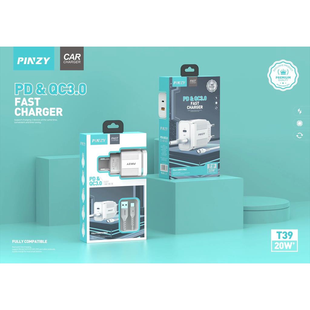 Charger PINZY T39 PD20W QC3.0  Dual Port Fast Charging include kabel charger